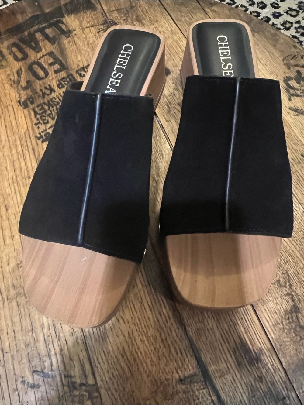chelsea & Violet Black Suede Wood-Platform Mule Slides